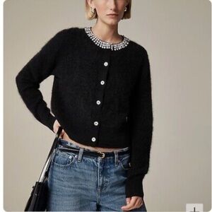J crew Brushed Black cashmere Crystal embellished cardigan sweater XXS NWT
